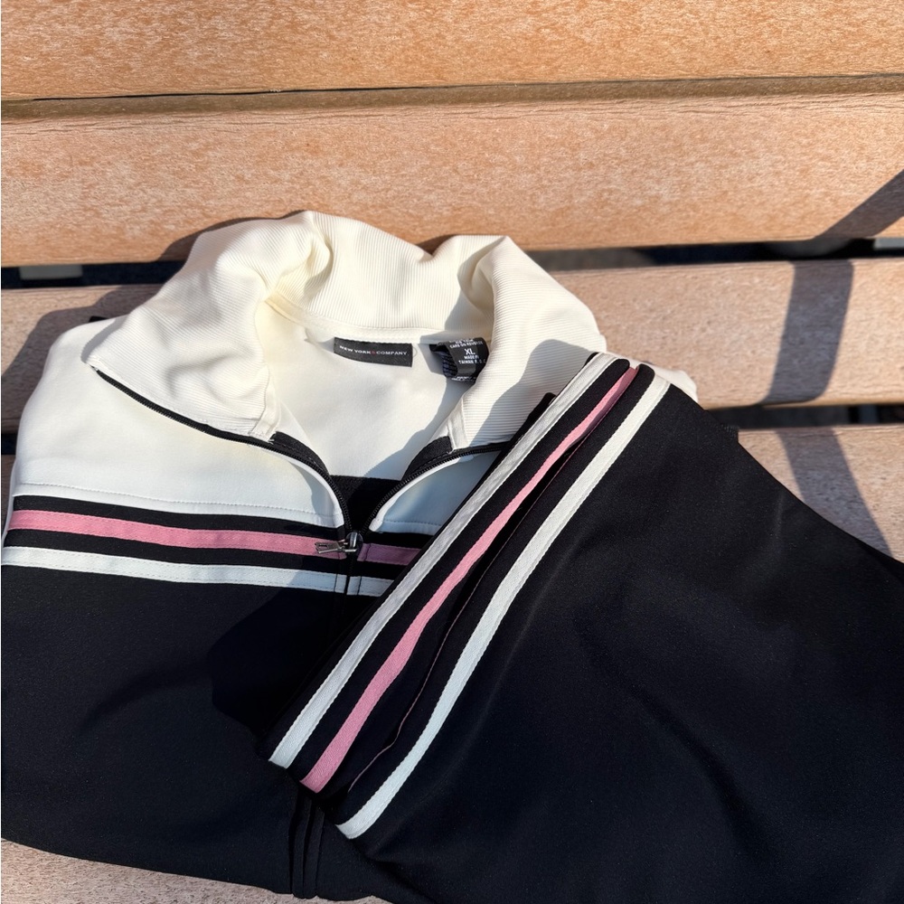 Chic Black and Cream Quarter-Zip Sweatshirt with Pink Stripes